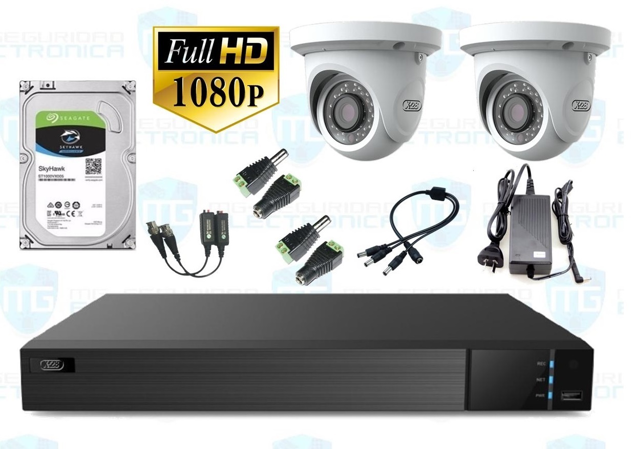 DVR, Disco 1 TB, 2 Cámaras minidomo, balunes, fuente centralizada y conectores.